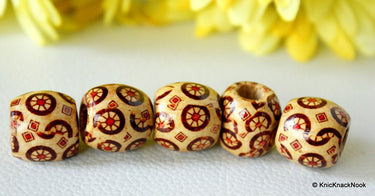 10 x Wood Drum Beads/ Spacers Painted Brown Wheel Design 17mm x 16mm